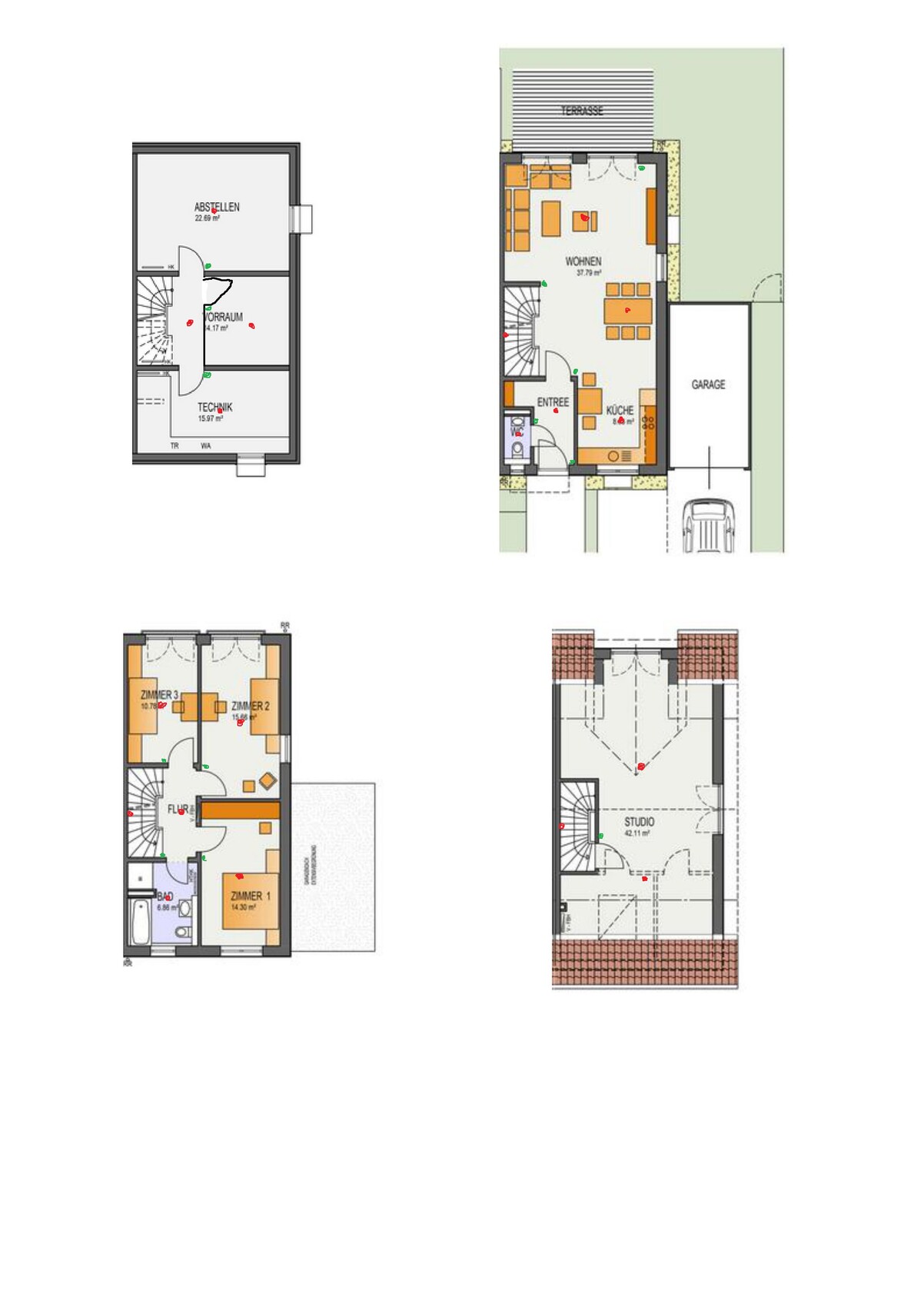 Mehrere Etagen Grundrisspläne mit Wohnen, Küche, Terrasse und Garage