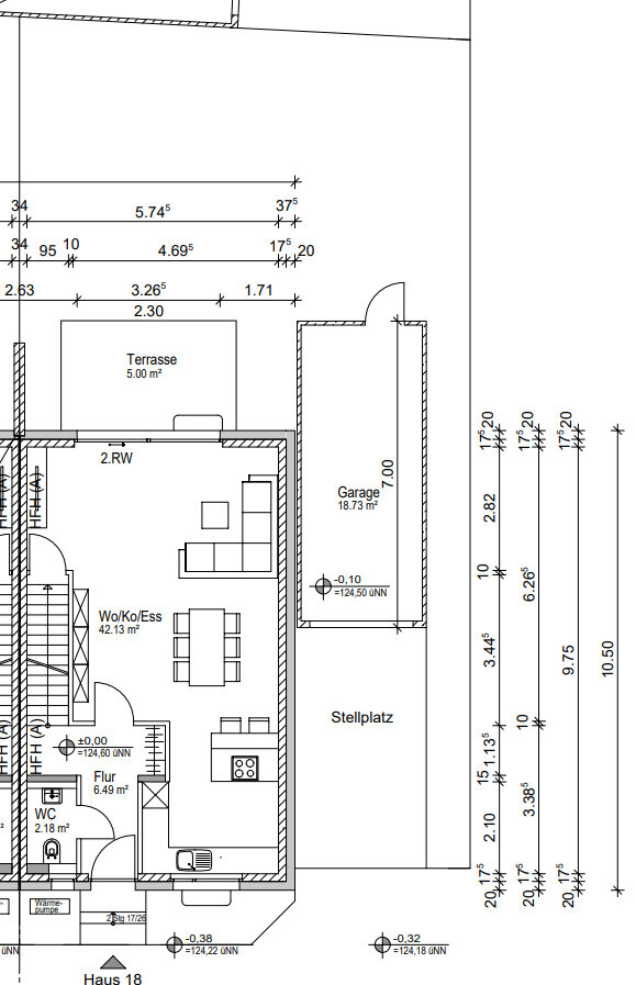 2D Grundriss eines Hauses mit Terrasse, Garage und Wohn-Essbereich
