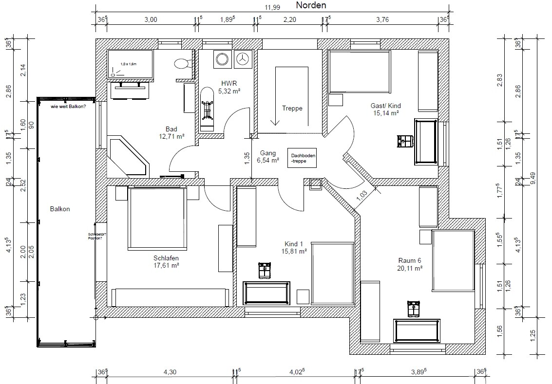 Grundriss eines Hauses mit Treppe, Schlafen, Bad, Kind 1, Gast/Kind, Raum 6, Balkon