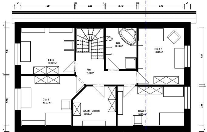 Grundriss eines Hauses: Flur, Treppe, Bad, Büro, Gästezimmer, zwei Kinderzimmer.