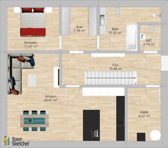 Grundriss eines Hauses: Schlafzimmer, Ankleide, Bad, WC, Flur, Allraum mit Küche, HWR.