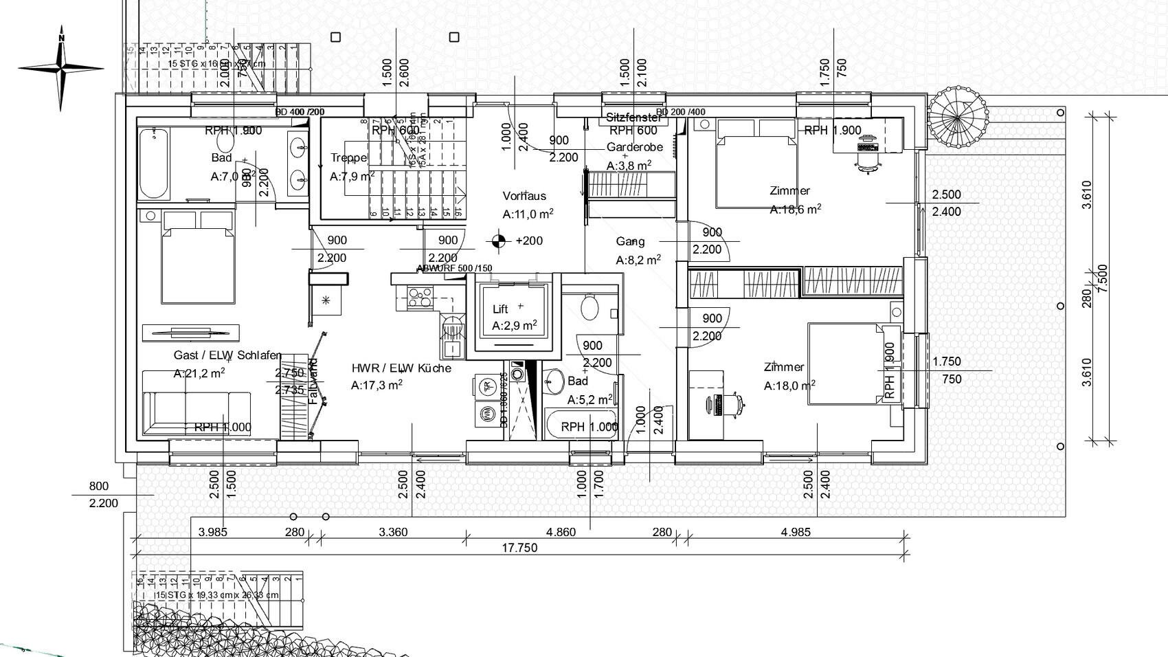 Grundriss eines Wohnhauses: Zimmer, Küche, Bad, Treppe, Lift, Vorhaus, Gang, Außenbereich