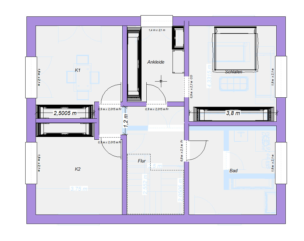 Grundriss eines Apartments: Flur, Ankleide, Schlafen, Bad, K1/K2, Türen und Möbel.