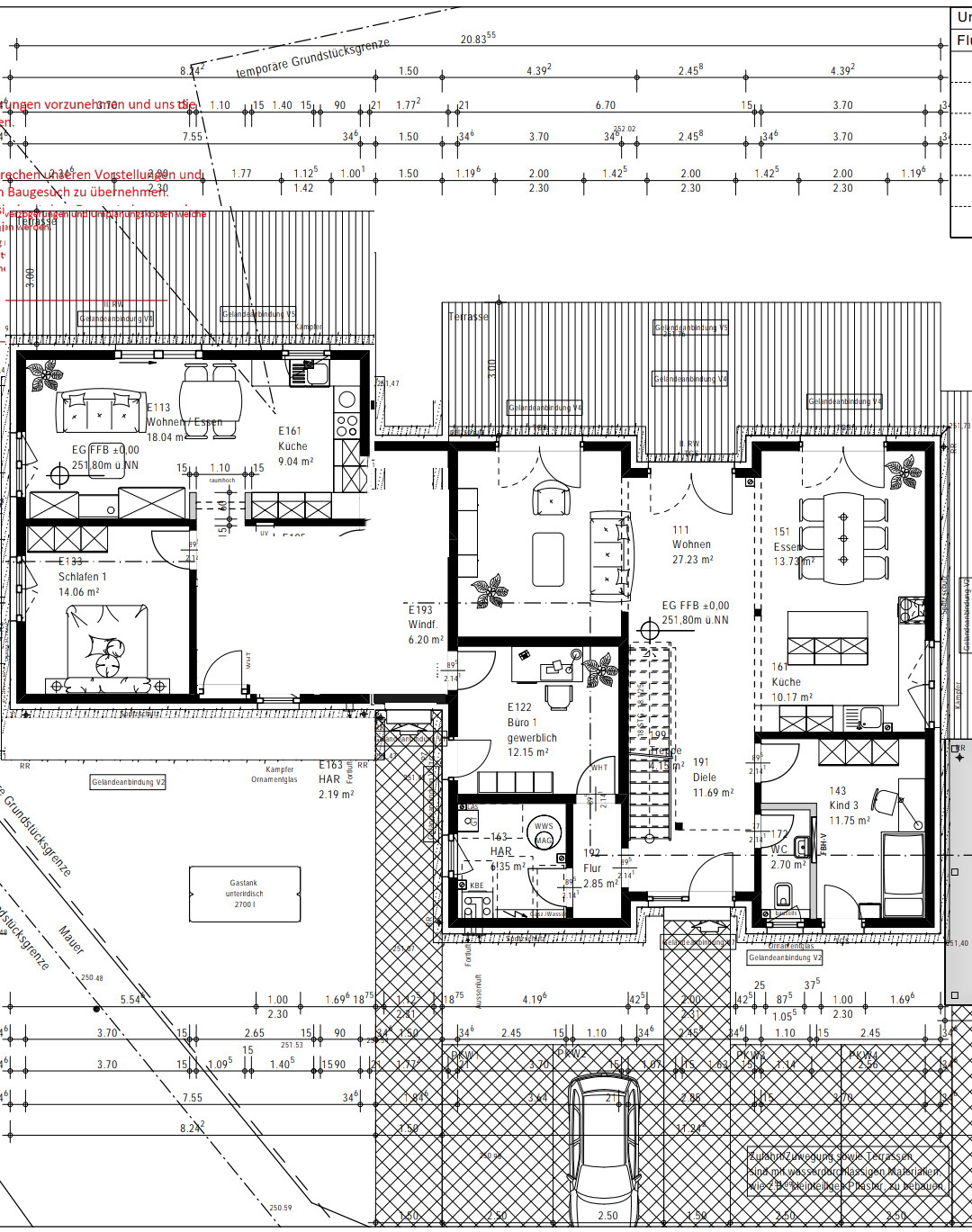 Detaillierter Grundriss eines Hauses mit Wohnzimmer, Küche, Schlafzimmer, Terrasse und Eingang