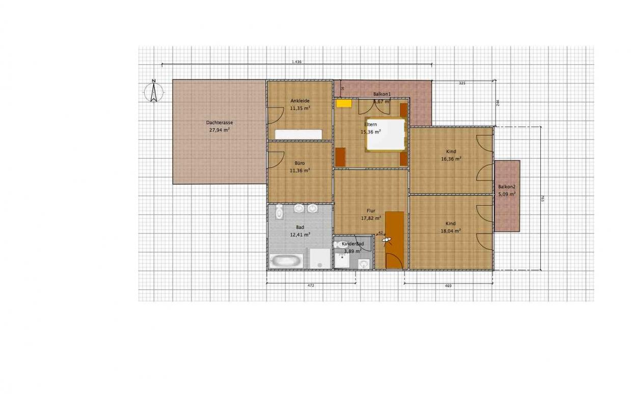 Grundriss eines Hauses mit Dachterrasse, Eltern- und Kinderzimmern, Bad, Flur und Balkone.