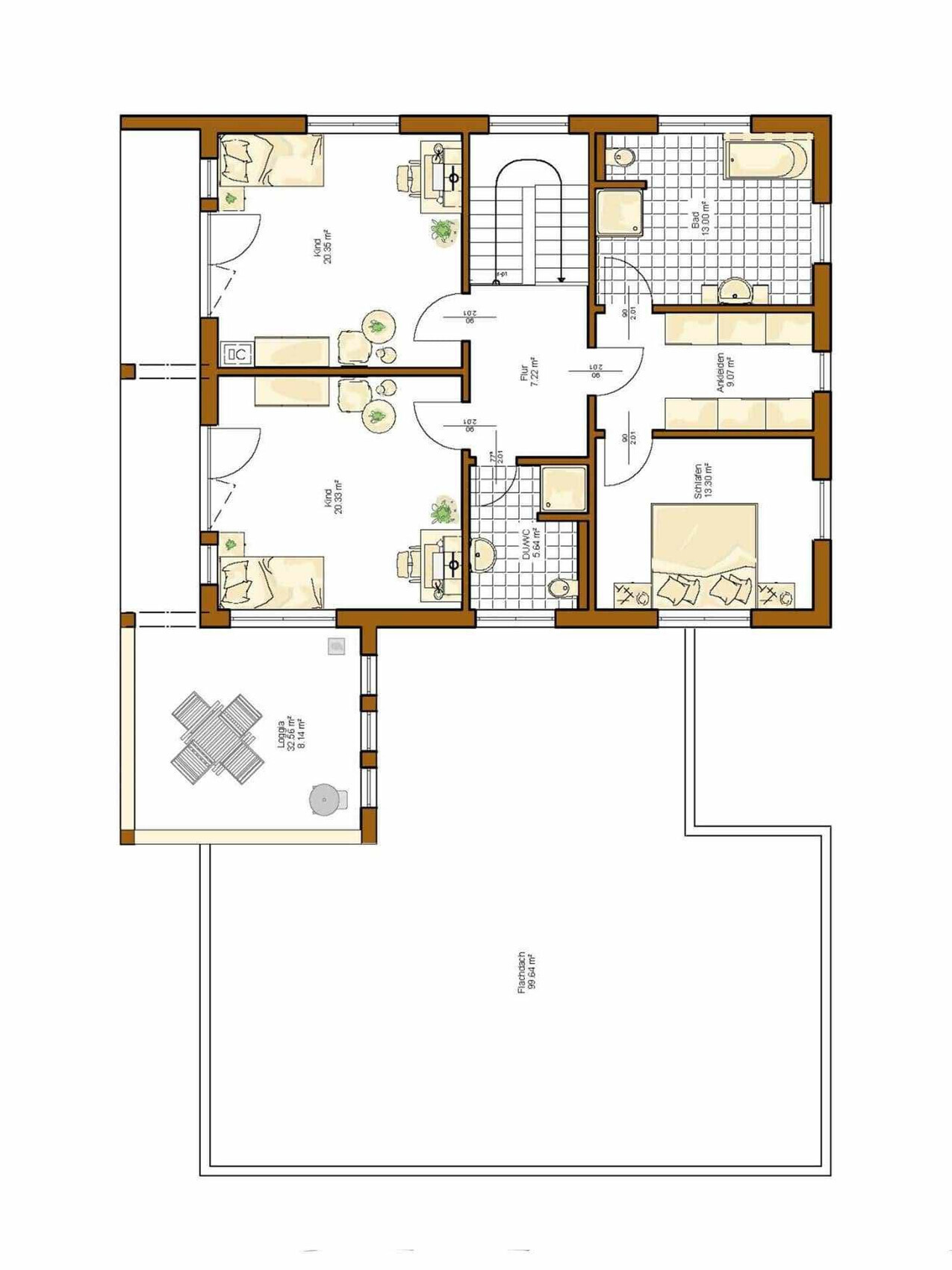 Grundriss eines Hauses mit mehreren Zimmern, Bad, Küche und Terrasse