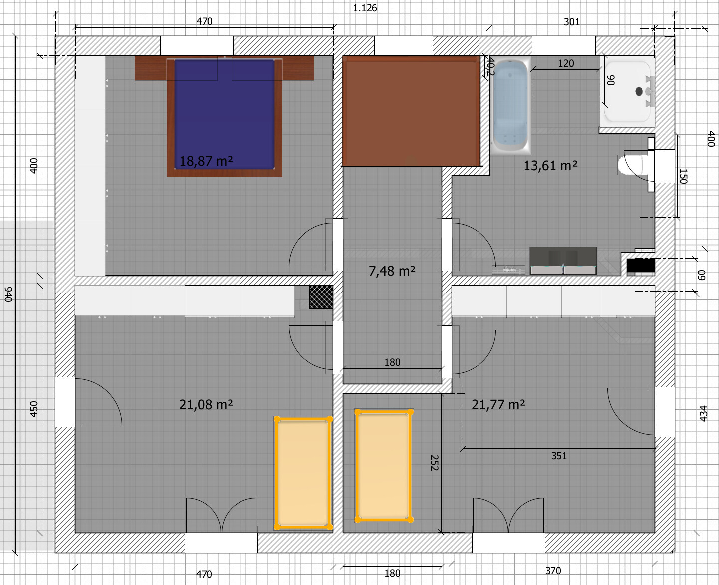 Grundriss eines Appartements: Schlafzimmer mit Bett, Bad, Flur und zwei Wohnbereiche.