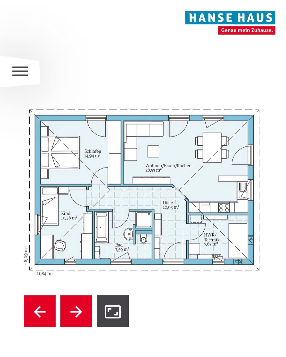 Grundriss eines Hauses mit Schlafen, Kinderzimmer, Bad, Wohnen/Essen/Kochen, Diele und Technikraum.