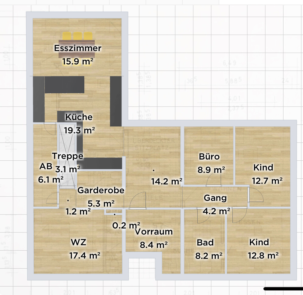 Grundriss eines Wohnhauses: Esszimmer, Küche, Wohnzimmer, Büro, 2 Kinderzimmer, Bad, Vorraum, Flur.