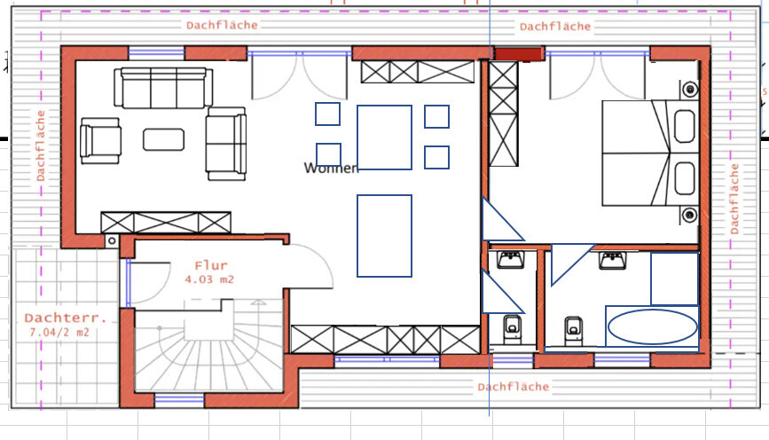 Grundriss eines Dachgeschosses: Wohnzimmer, Flur, Schlafzimmer, Bad, Dachterrasse, Treppenaufgang.