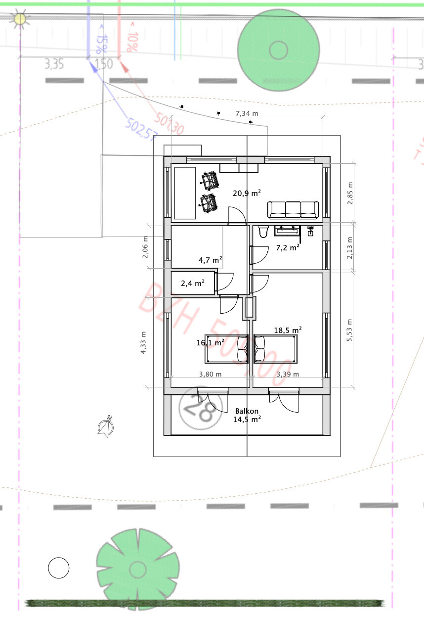 Grundriss einer Wohnung mit Wohnzimmer, Schlafzimmer, Bad, Balkon und Außenbereich.