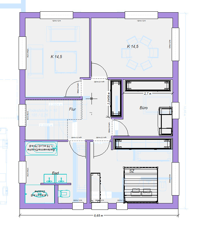 Grundriss eines Wohnhauses: Flur, Bad, Büro, SZ, zwei Küchenräume (K 14,5).