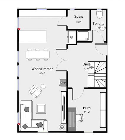 2D-Grundriss eines Hauses mit Wohnzimmer, Büro, Diele, Speis und Toilette