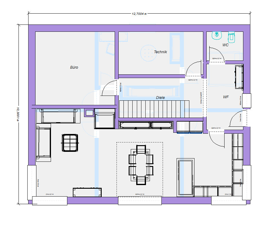 Grundriss eines Hauses: Büro, Technik, Diele, WC, Wohn-/Essbereich und Treppenaufgang.