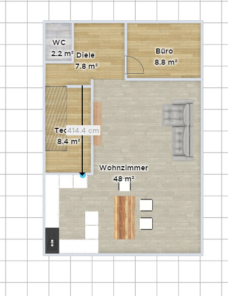 Grundriss einer Wohnung: Wohnzimmer, Küche, Teeküche, Diele, WC und Büro.