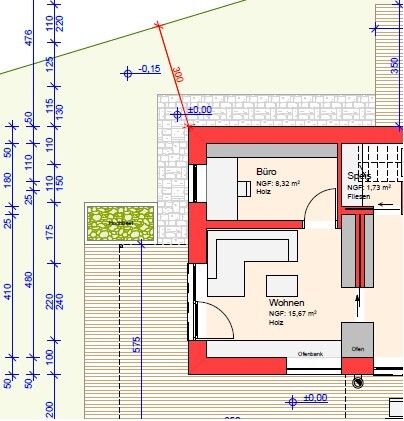 2D Grundriss eines Hauses mit Wohnzimmer, Buero und Terrassenbereich