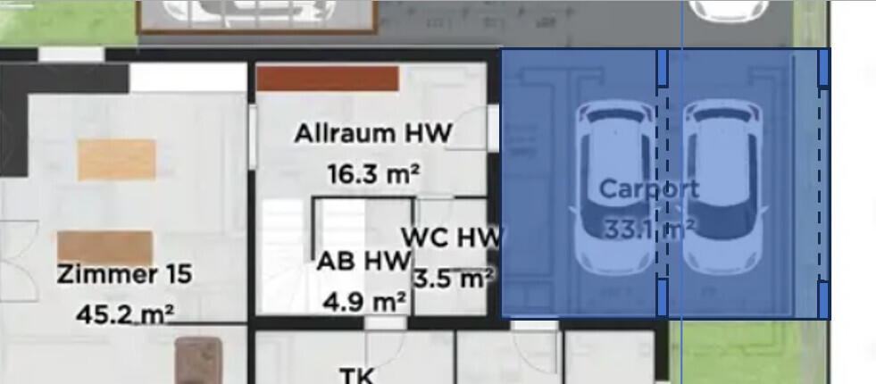 Grundriss eines Hausplans: Zimmer 15, 45,2 m²; Allraum HW 16,3 m²; WC HW 3,5 m²; Carport 2 PKW