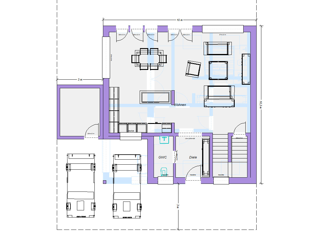 Grundriss eines Wohnhauses: Wohnzimmer, Diele, GWC, Möbel, Türen, Außenparkplätze.