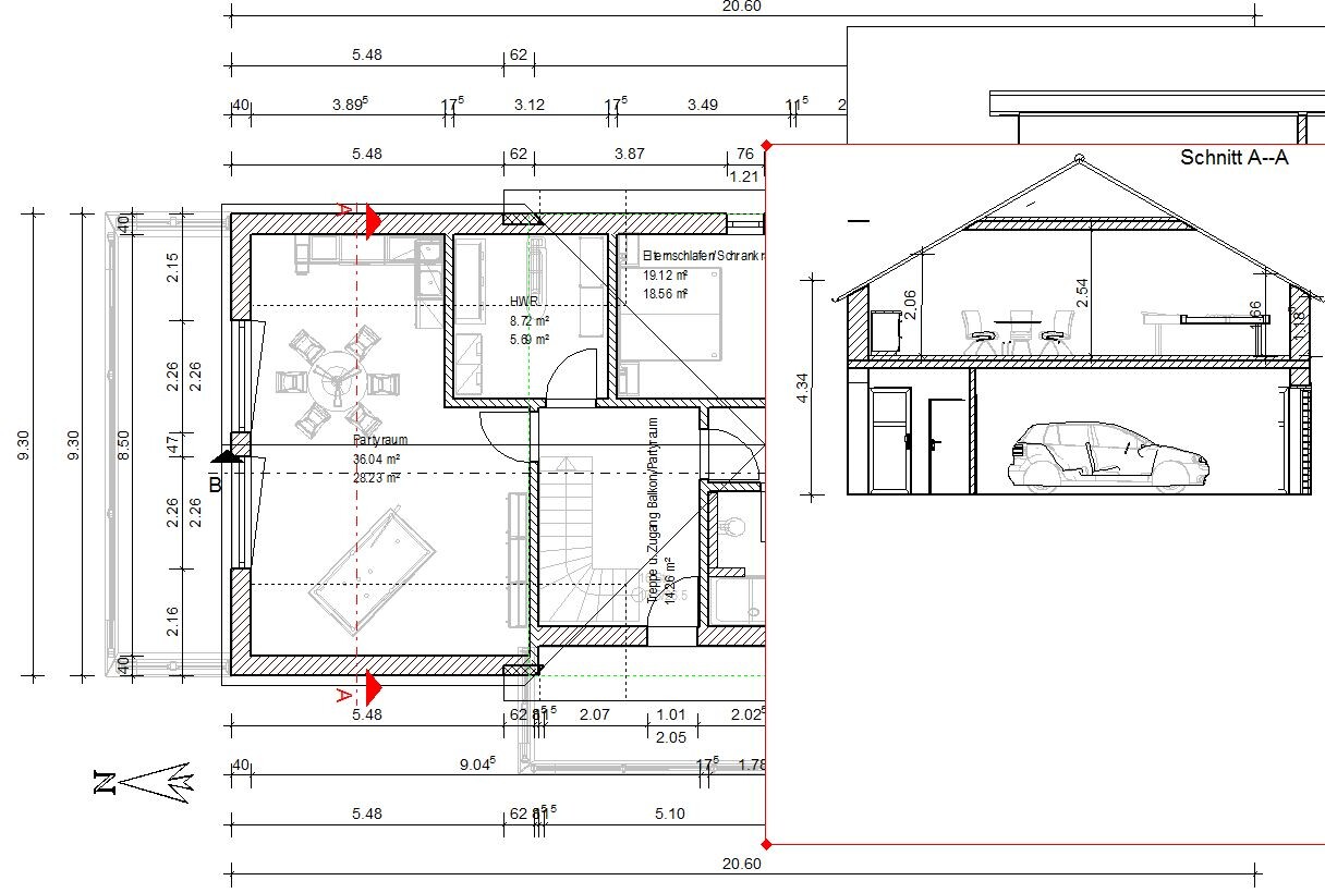 Grundriss eines Hauses: Erdgeschoss mit Wohnzimmer, Partyraum, Küche, Bad; Sektionsschnitt mit Garage.
