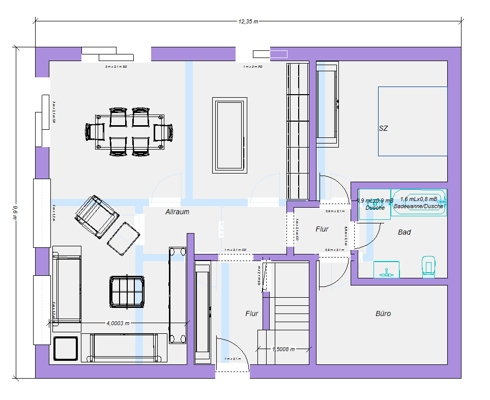Grundriss eines Wohnhauses: Allraum mit Esstisch, SZ, Büro, Flure, Bad mit Dusche.