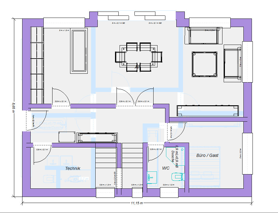 Grundriss eines Hauses: zentrale Diele, Technik, WC, Büro/Gast, Wohn- und Essbereich