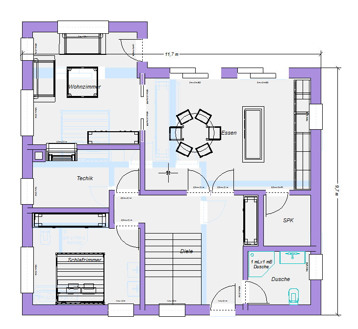 Grundriss eines Hauses mit Wohnzimmer, Essen, Schlafzimmer, Diele, Technik, SPK und Dusche.
