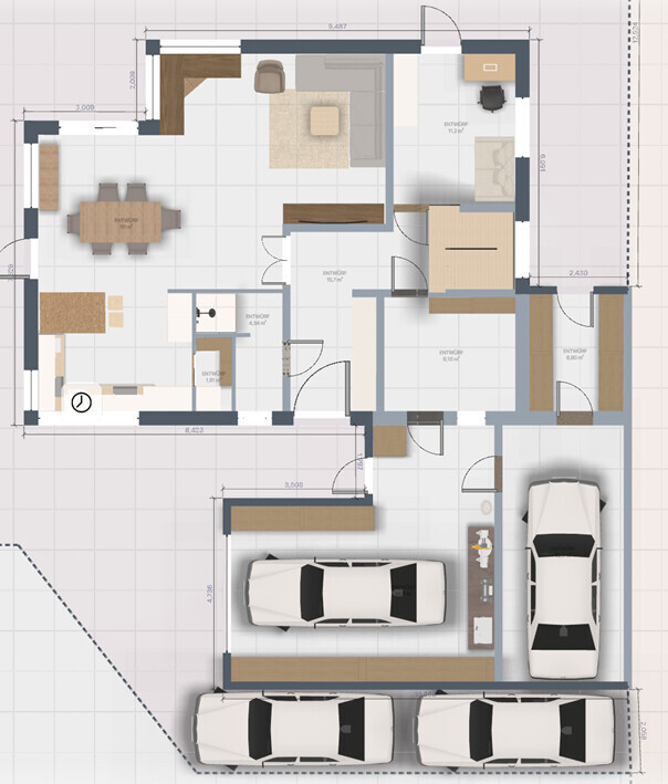 Grundriss eines Hauses: Küche, Essraum, Wohnzimmer, Schlafzimmer, Bad und Garage mit Autos
