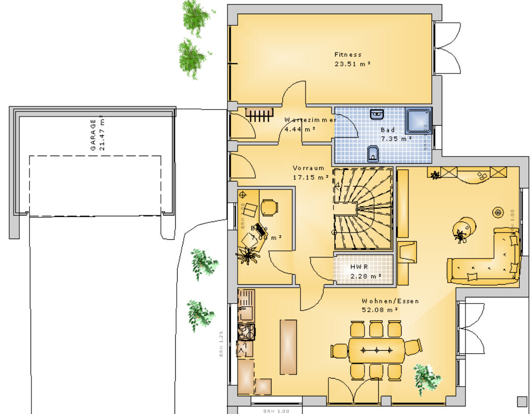 2D-Grundriss eines Hauses mit Wohn- und Essbereich, Bad und Garage.