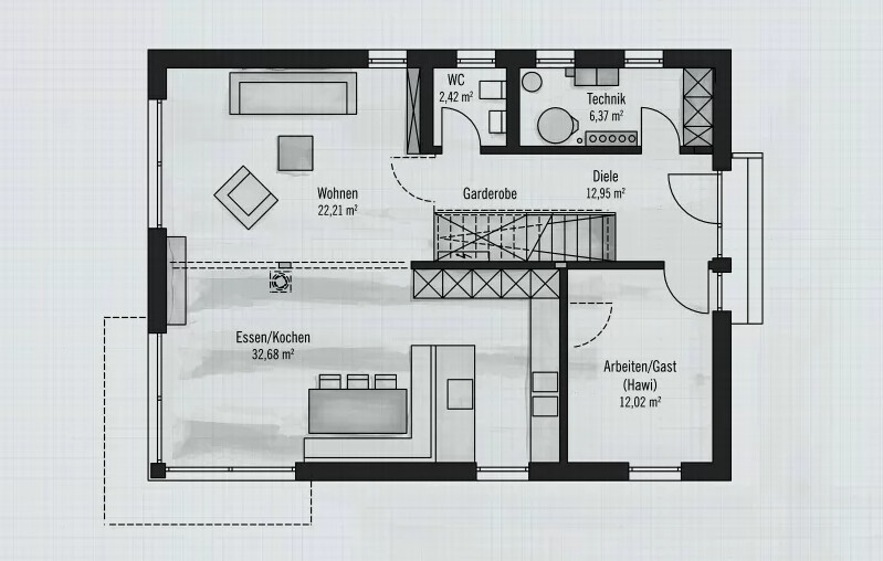 Grundriss eines Hauses: Wohn-/Essbereich, Küche, Diele, Garderobe, WC, Technik, Arbeitszimmer.