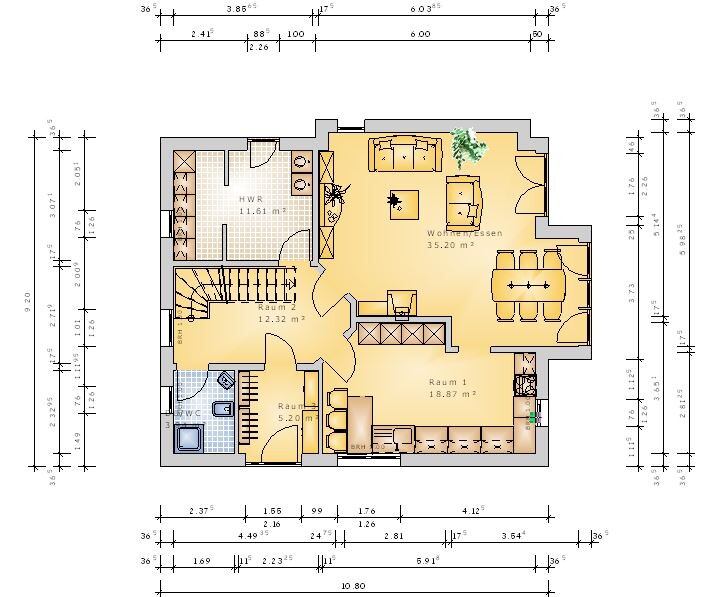 Grundriss eines Hauses: Wohn-/Essbereich, Küche, zwei Zimmer, Bad, HWR und Treppen.