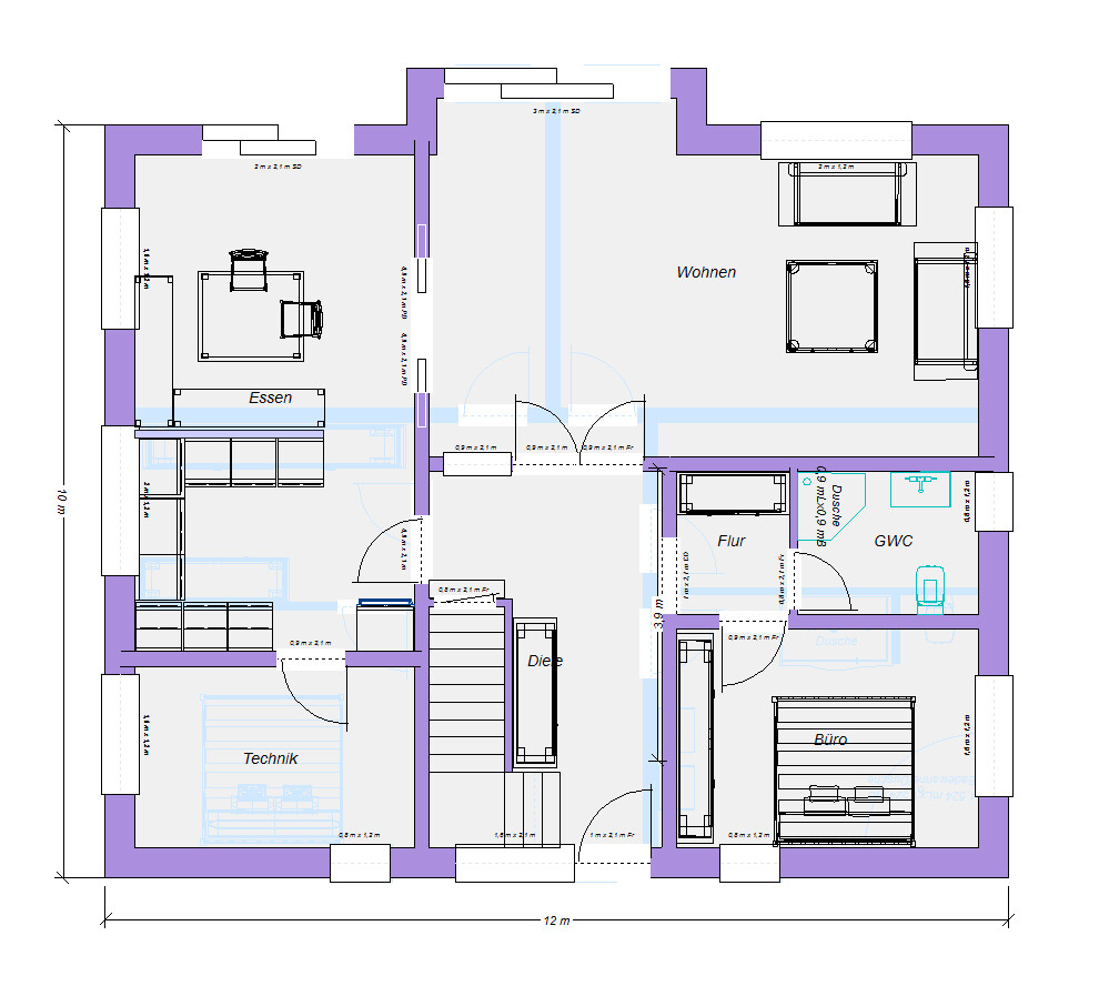 Grundriss eines Hauses mit Wohnen, Essen, Diele, Flur, Technik, Büro, GWC, Dusche und Treppenhaus.