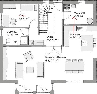 Grundriss eines Hauses mit Diele, Wohnen/Essen, Küche, Gästezimmer, Bad, Technikraum