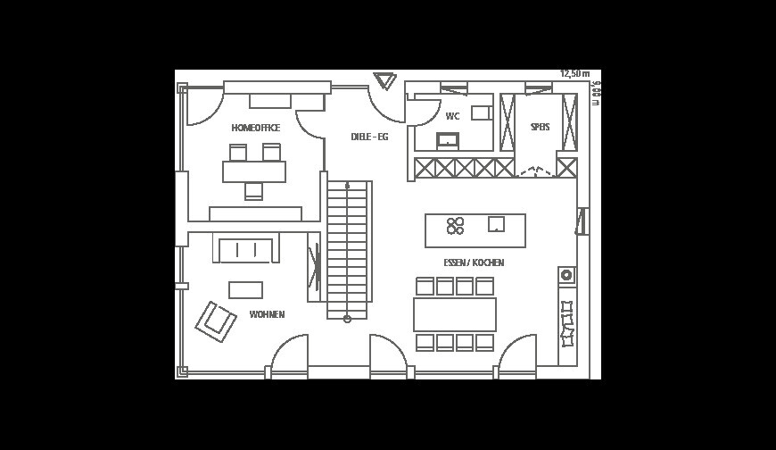 Grundriss eines Hauses: Wohnzimmer, Homeoffice, Diele EG, Ess- und Kochbereich, WC, Speis, Treppe.