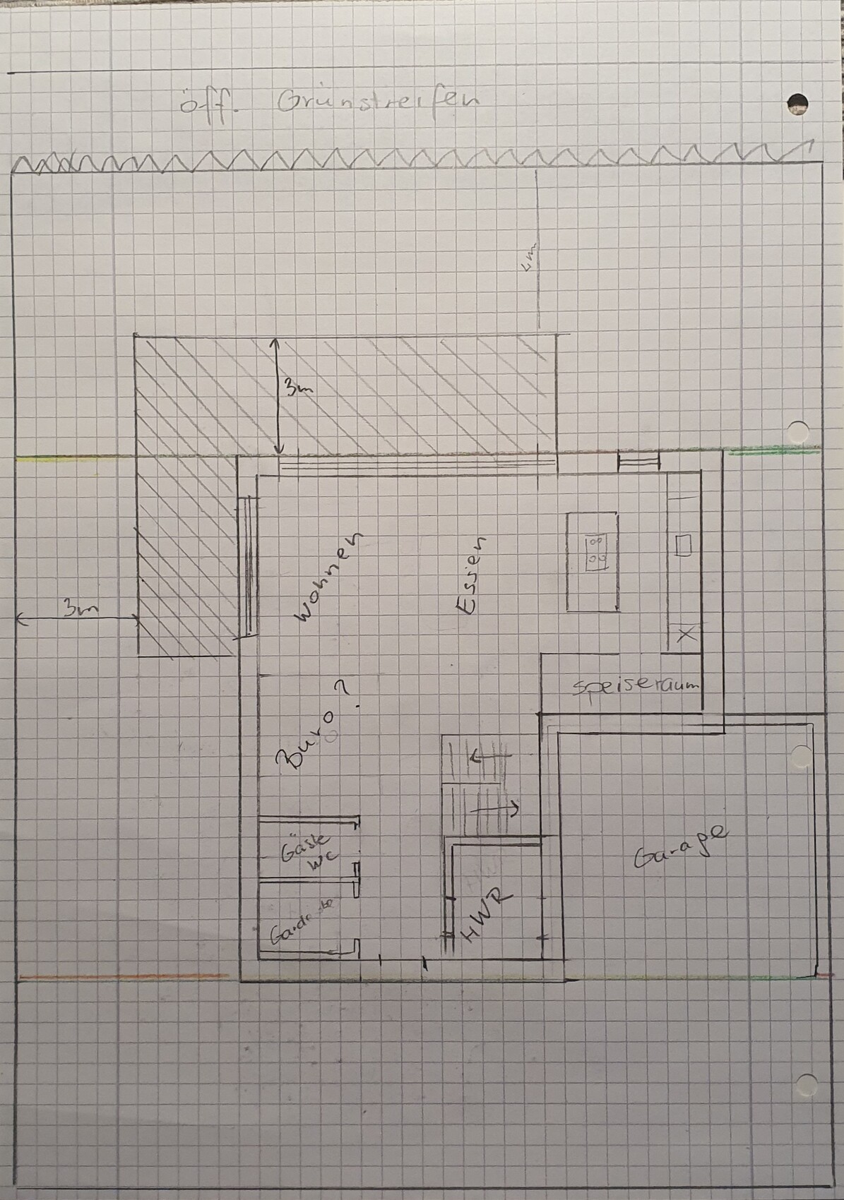 Handgezeichneter Grundriss: Wohnzimmer, Speiseraum, Küche, Gäste-WC, HWR, Garage.