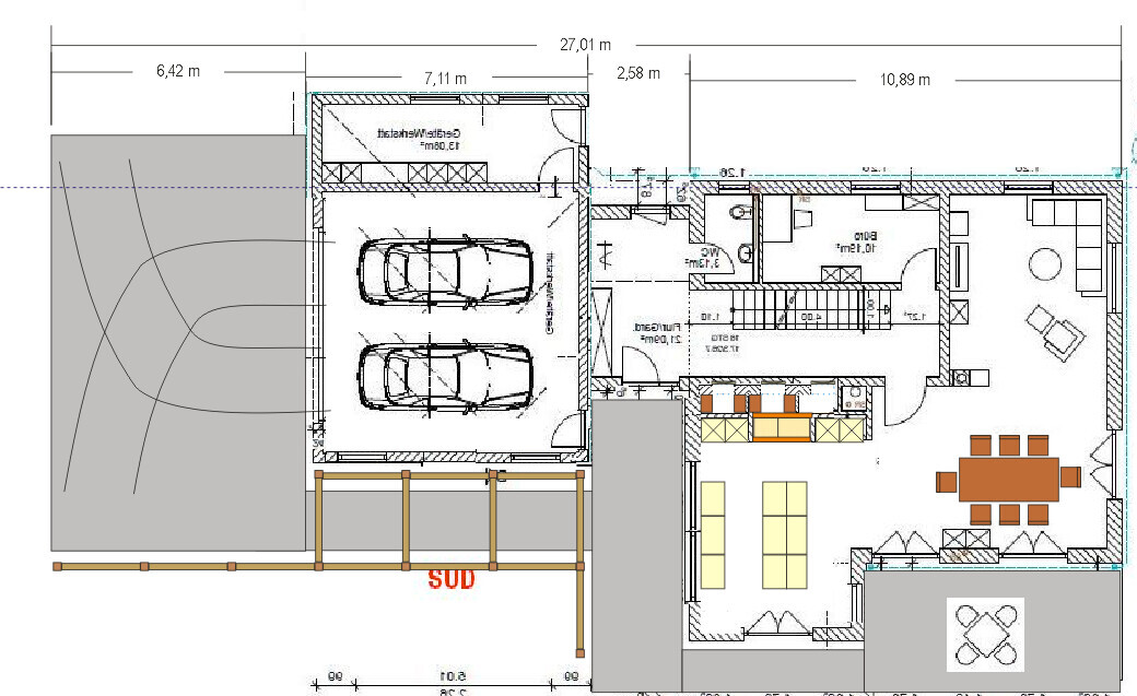 Grundriss eines Hauses mit Doppelgarage, offener Küche, Essbereich und Wohnzimmer.