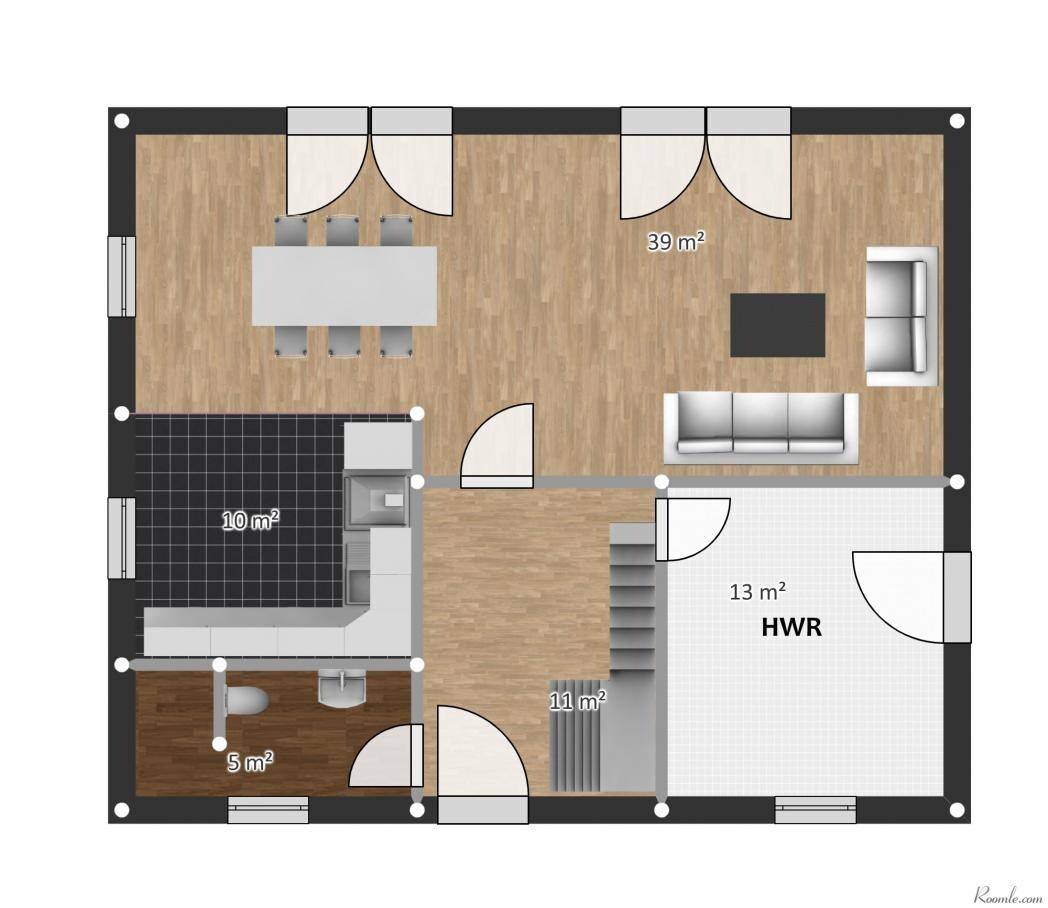 Grundriss: Offener Wohn-/Essbereich mit Sofa, Esstisch; Küche; Bad; Treppe; HWR.