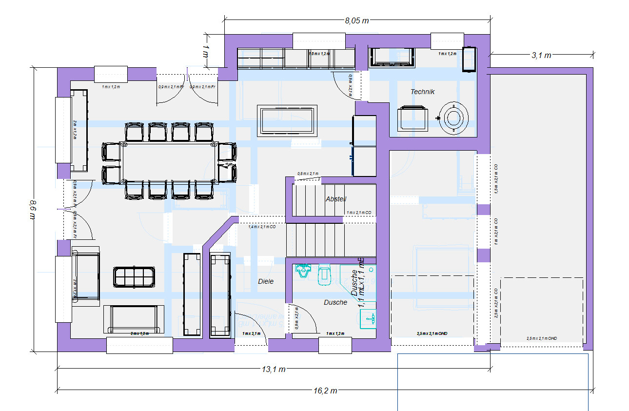 Grundriss eines Hauses: Wohn-/Essbereich, Küche, Bad, Technikraum, Abstellraum, Garage.