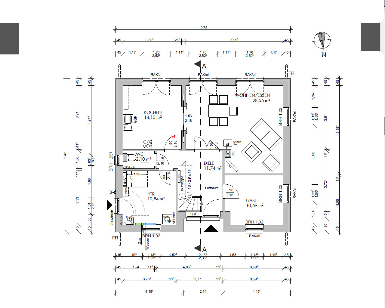 Grundriss eines Hauses mit Küche, Wohnen/Essen, Diele, Gast, WC, HTR und Treppenhaus.