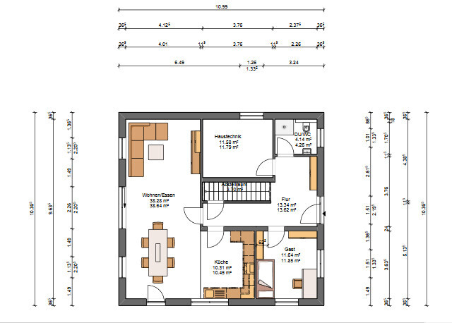 Grundriss eines Hauses im Maßstab mit Wohnzimmer, Küche, Gästezimmer, Flur und Hauswirtschaftsraum.