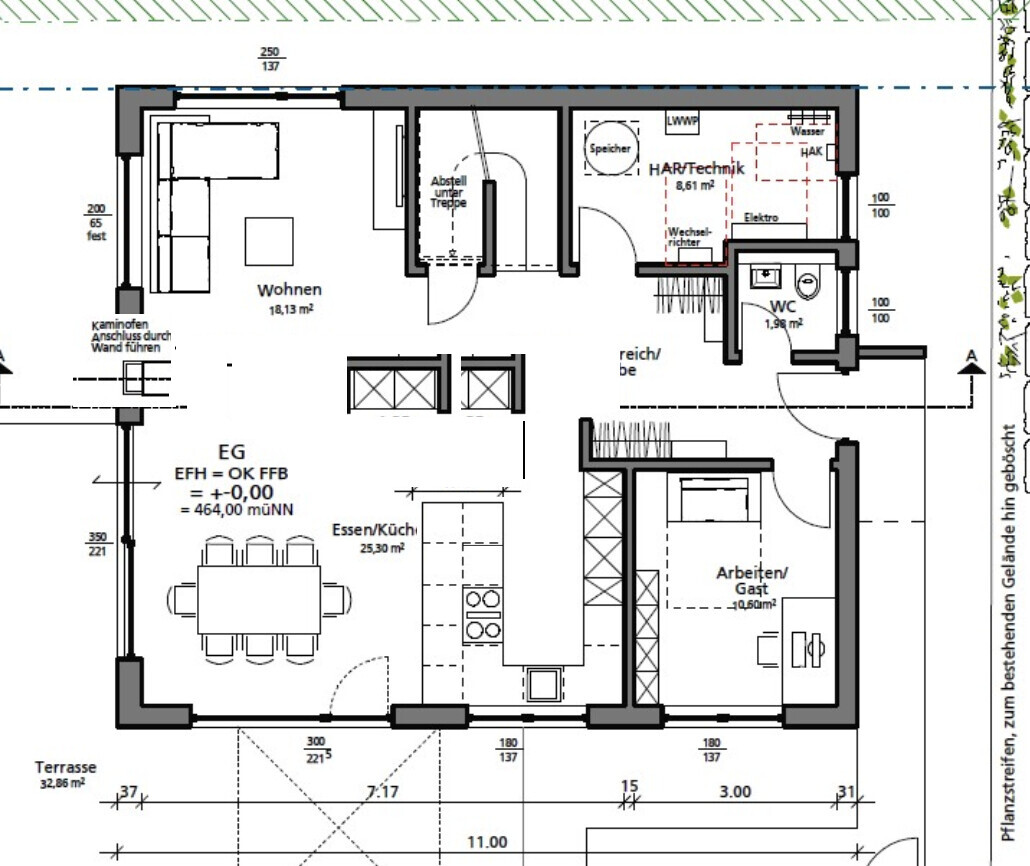 Grundriss eines Hauses: Wohnzimmer, Essbereich/Küche, Arbeitszimmer, WC, Technikraum, Terrasse.