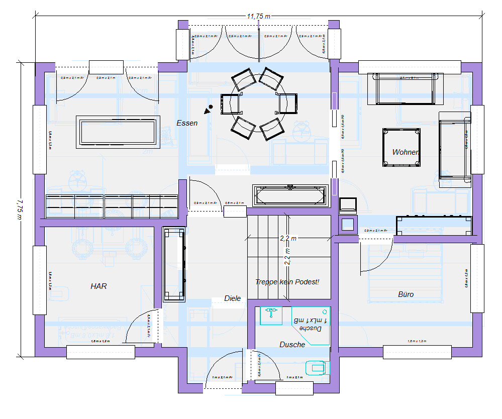 Grundriss eines Wohnhauses: Wohnzimmer, Esszimmer, Büro, HAR, Diele, Dusche und Treppe.