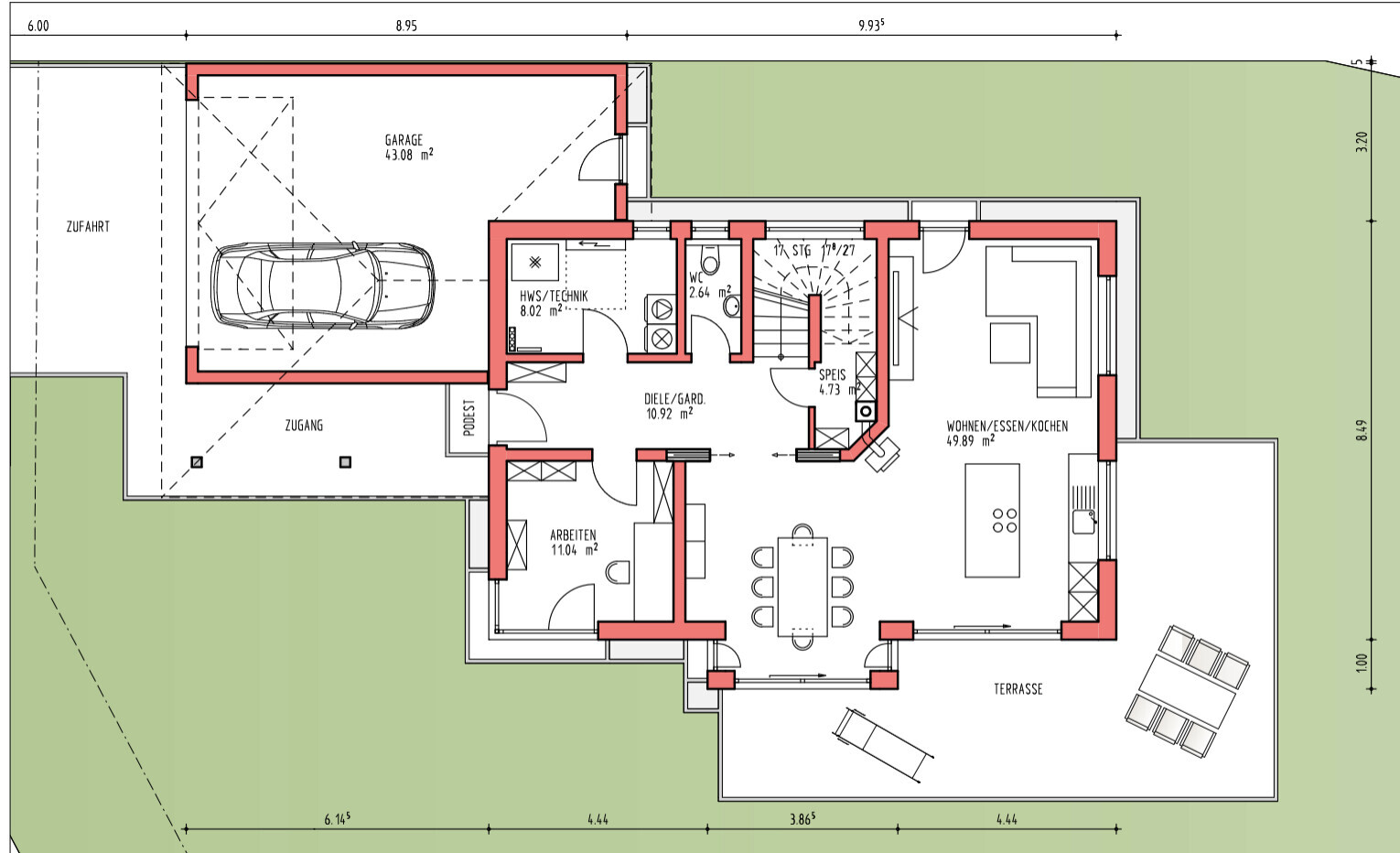 Grundriss eines Hauses: Garage, Terrasse, Garten; Räume: Wohnen, Essen/Kochen, Arbeiten, Diele, WC.