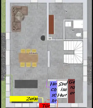 Grundrissplan eines Hauses mit Wohnzimmer, Essbereich, Flur, Treppe und WC