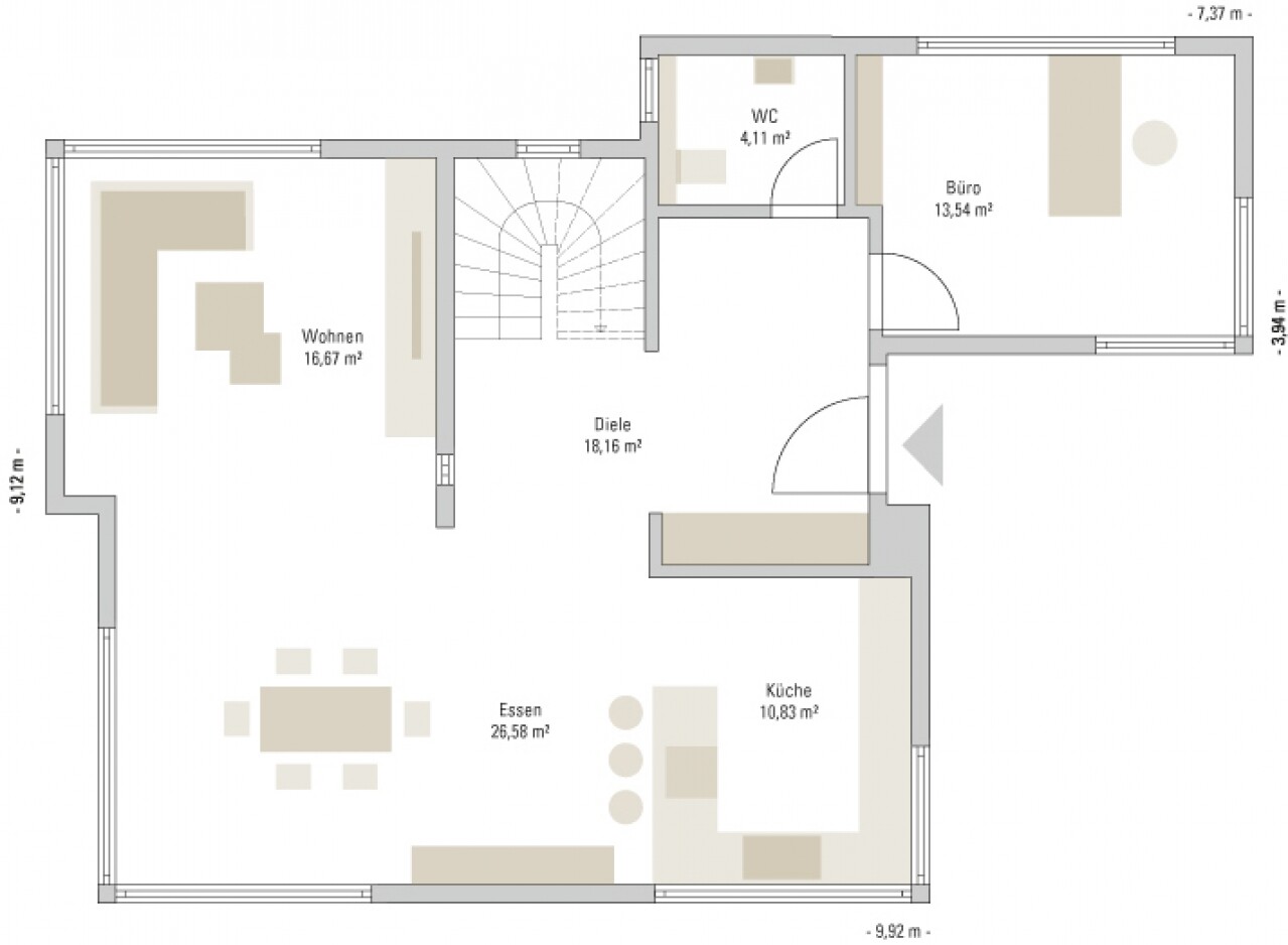 Grundriss eines Wohnraums: Wohnzimmer links, Essecke/Küche unten, Diele Mitte, Büro rechts.