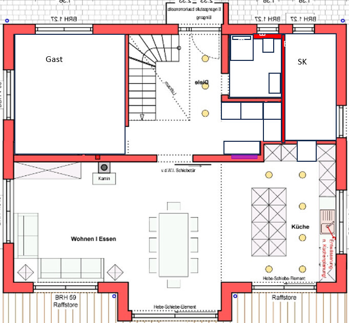 Grundriss eines Hauses: Wohn- und Essbereich, Küche mit Insel, Gastzimmer, Treppenhaus, Kamin.