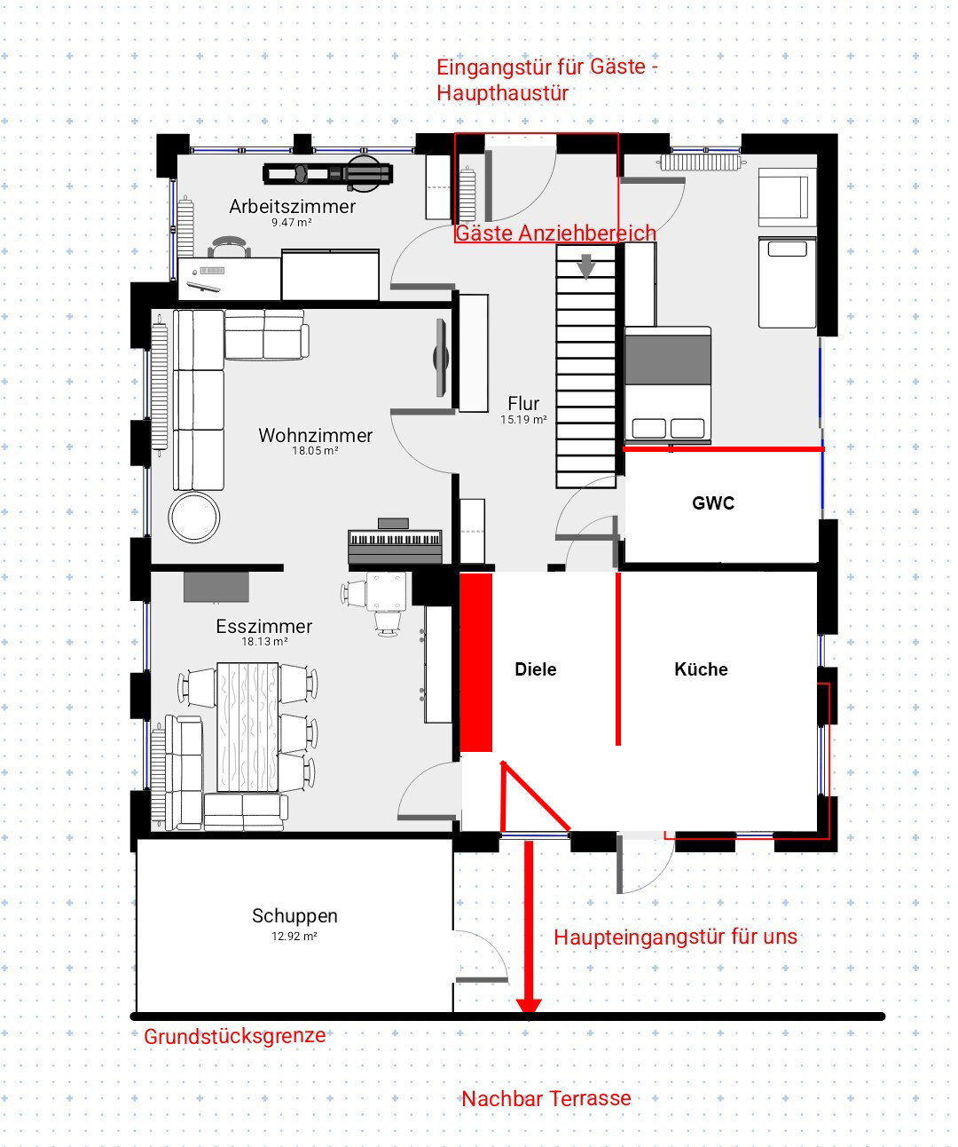 Grundriss eines Hauses mit Wohnzimmer, Esszimmer, Küche, Diele, Flur, Arbeitszimmer, GWC, Terrasse.