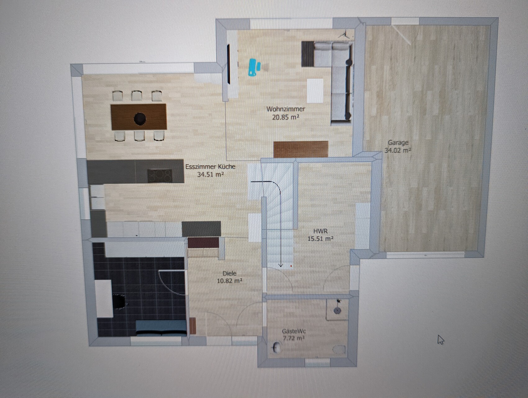 Grundriss eines Einfamilienhauses: Wohnzimmer, Esszimmer/Küche, Diele, HWR, Gäste-WC, Garage