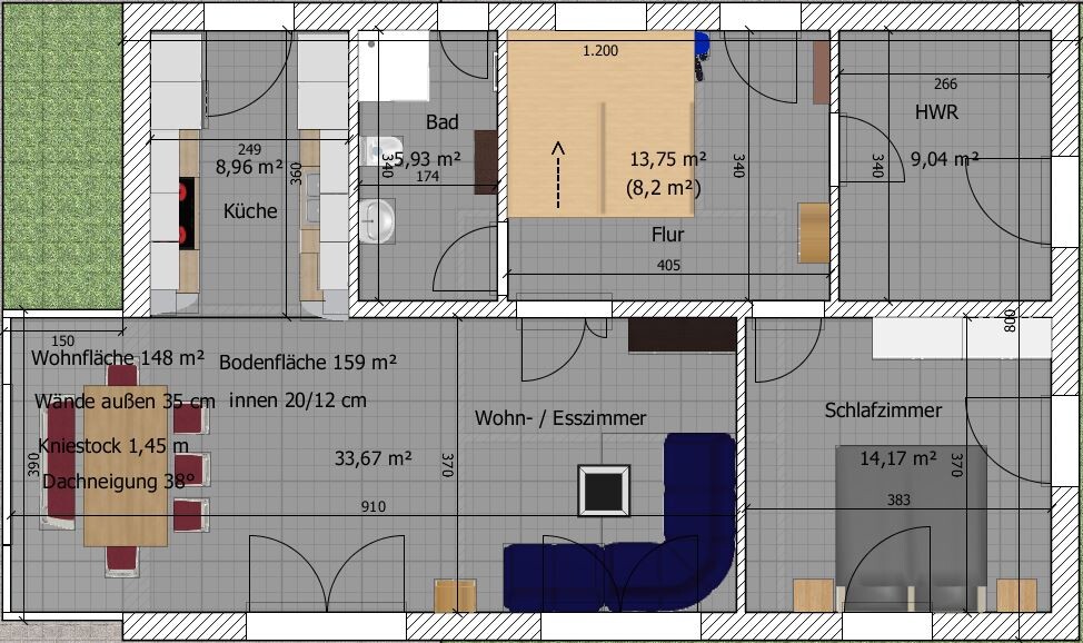 Grundrissplan eines Einfamilienhauses mit Wohnzimmer, Küche, Flur und Schlafzimmer
