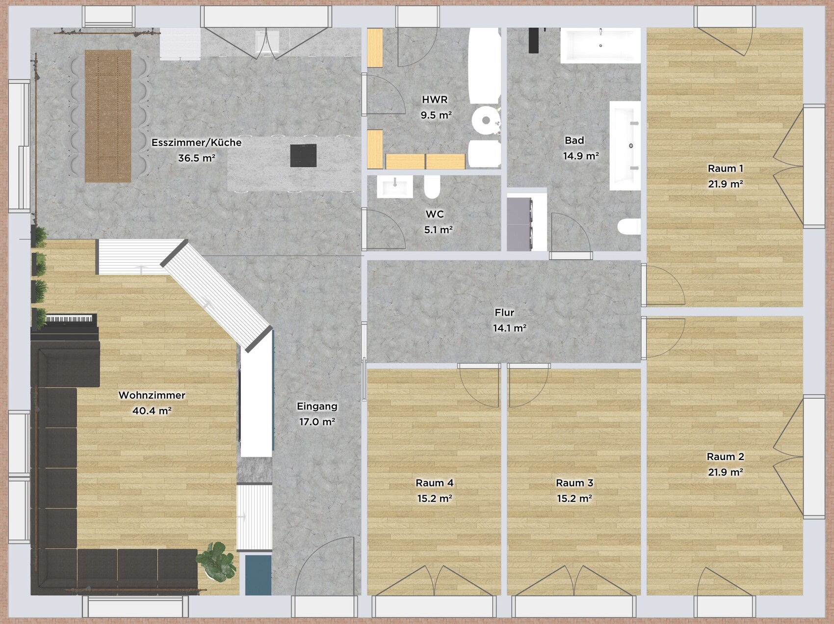 2D-Grundriss eines Hauses mit Wohnzimmer, Esszimmer/Kueche, Flur, Bad und HWR in übersichtlicher Planung.