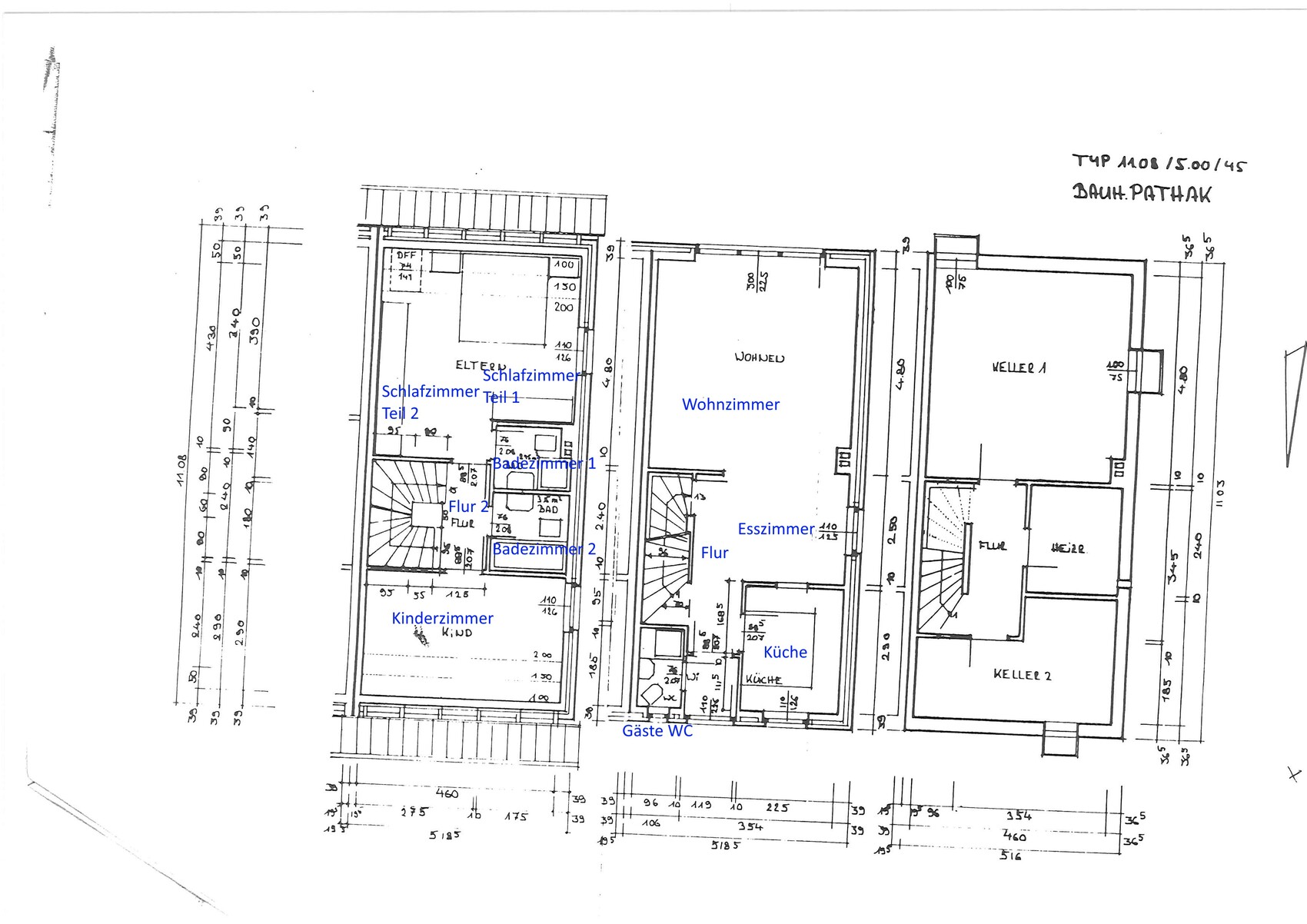 Grundriss eines Hauses mit Wohnzimmer, Esszimmer, Küche, Schlafzimmer, Kinderzimmer, Bad, Gäste-WC.